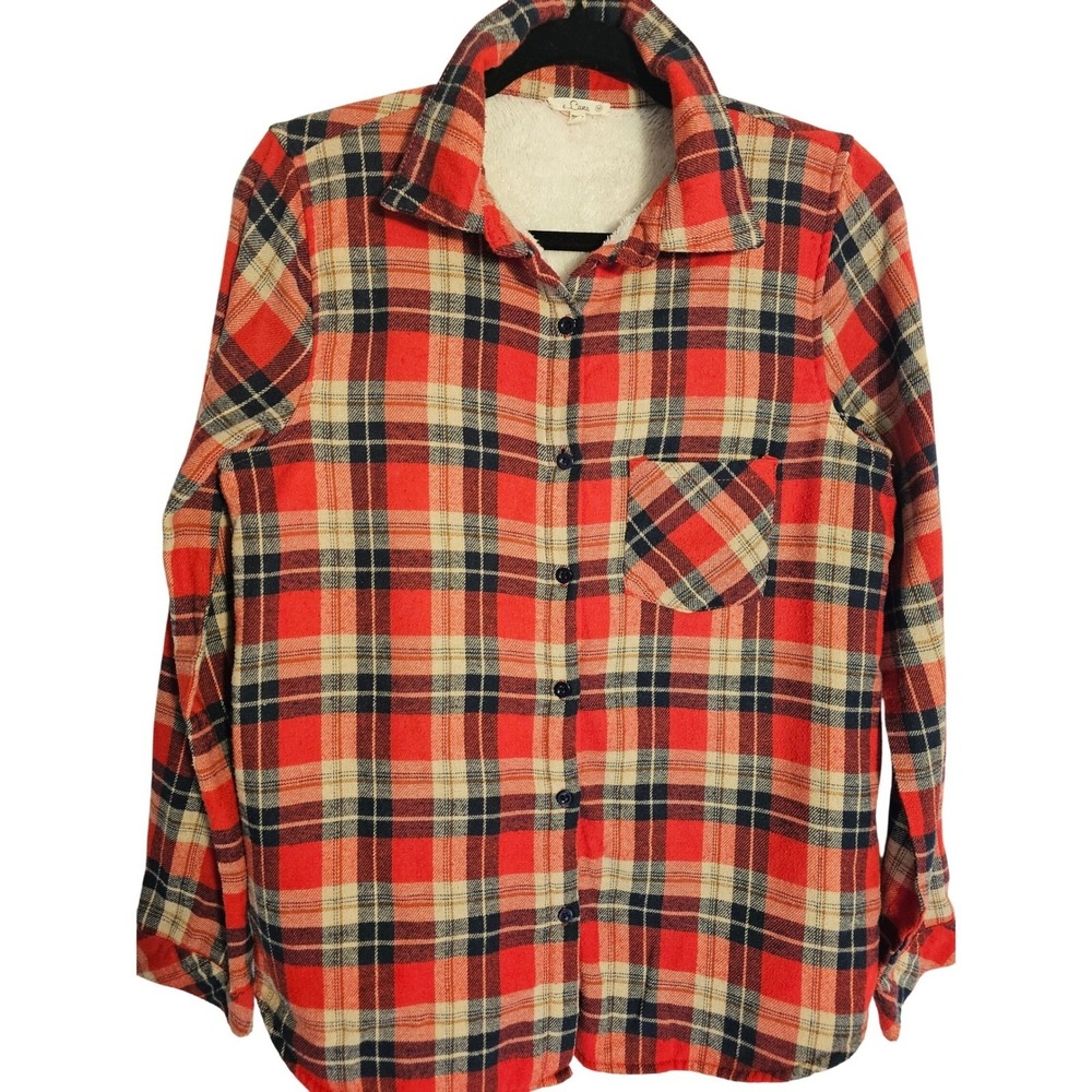 E Luna Women Red Plaid Sherpa Lined Flannel Shirt Jacket Warm Cozy‎ Size M